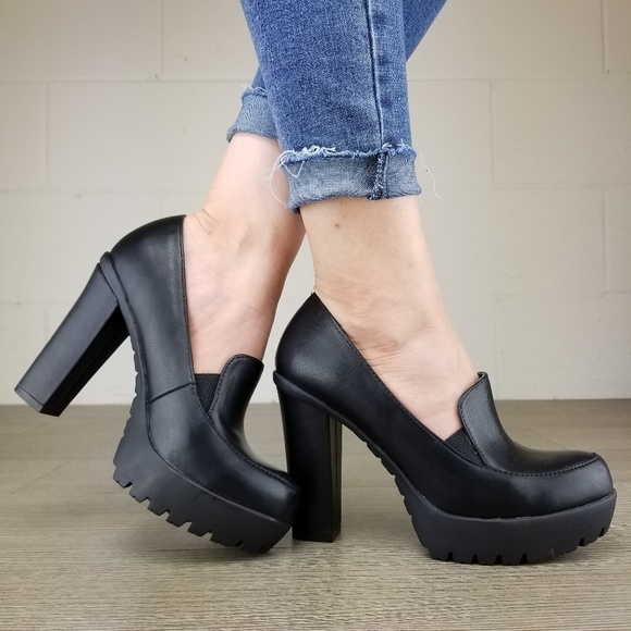 Shoes - Slip on rockabilly Chunky Heels Faux Leather